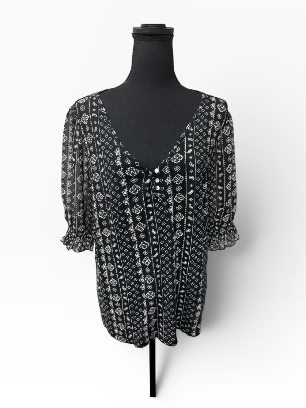 Lucky Brand Black White Boho Peasant Top Large Floral Festival Blouse